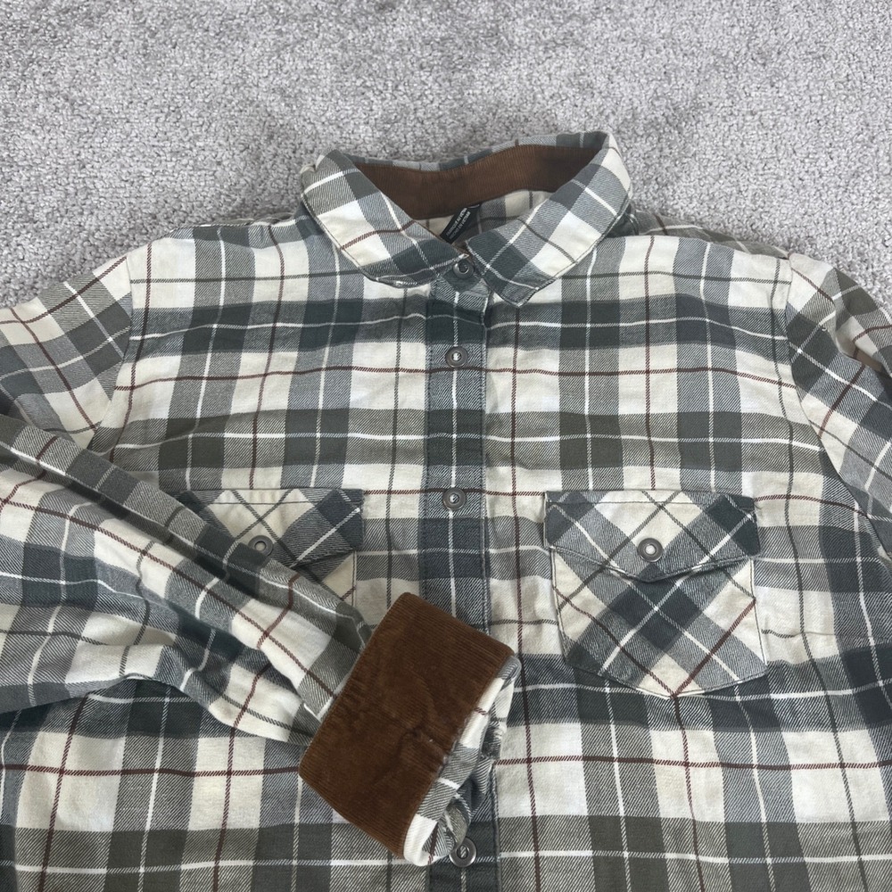 Kuhl Flannel Shirt Womens Medium Snap Buttons Corduroy Trim Plaid Tess